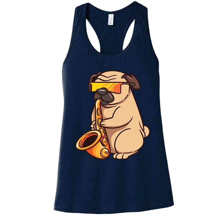 Saxophone Player Pug Jazz Band Music And Dog Lovers Gift Women's Racerback Tank