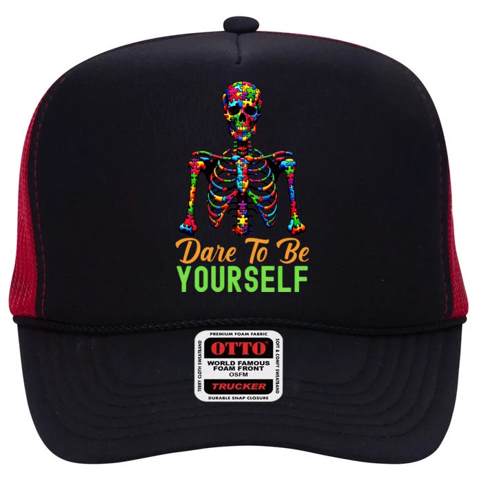 Skeleton Puzzle Pieces Autism Awareness Dare To Be Yourself Great Gift High Crown Mesh Trucker Hat