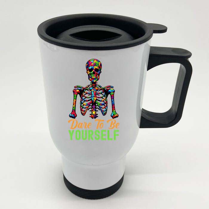 Skeleton Puzzle Pieces Autism Awareness Dare To Be Yourself Great Gift Front & Back Stainless Steel Travel Mug