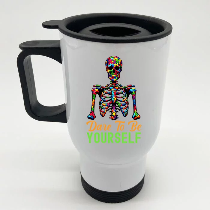 Skeleton Puzzle Pieces Autism Awareness Dare To Be Yourself Great Gift Front & Back Stainless Steel Travel Mug