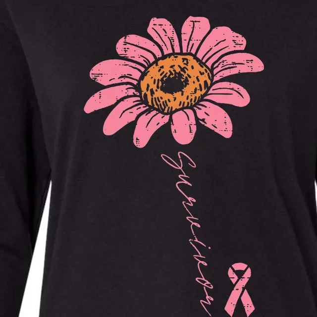 Sunflower Pink Ribbon Breast Cancer Survivor Awareness Womens Cotton Relaxed Long Sleeve T-Shirt