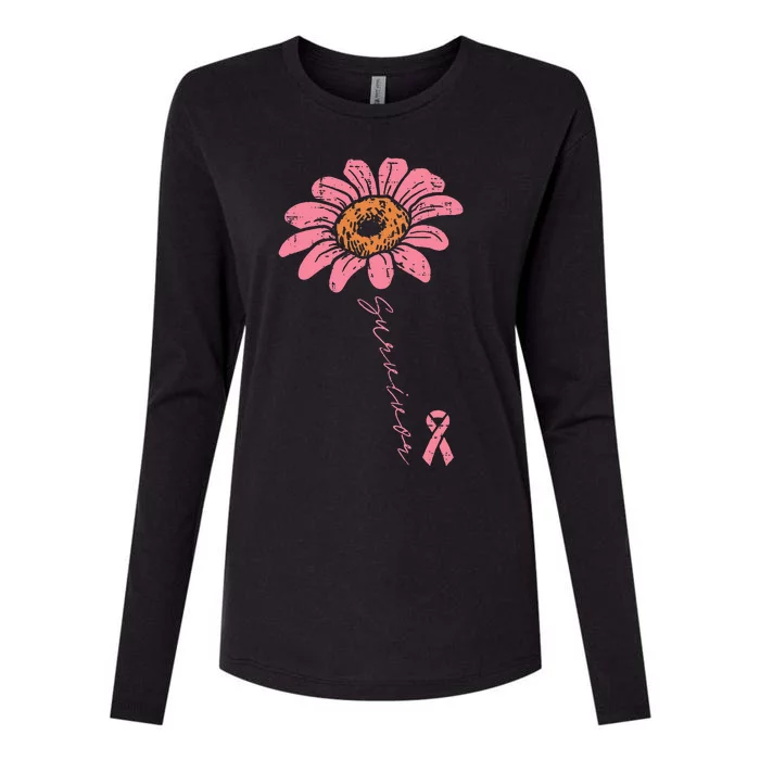 Sunflower Pink Ribbon Breast Cancer Survivor Awareness Womens Cotton Relaxed Long Sleeve T-Shirt