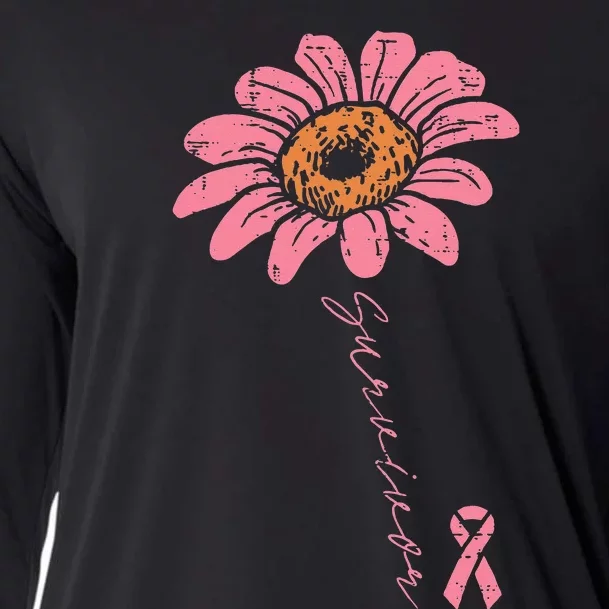 Sunflower Pink Ribbon Breast Cancer Survivor Awareness Cooling Performance Long Sleeve Crew