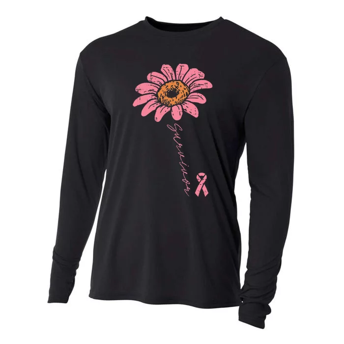 Sunflower Pink Ribbon Breast Cancer Survivor Awareness Cooling Performance Long Sleeve Crew