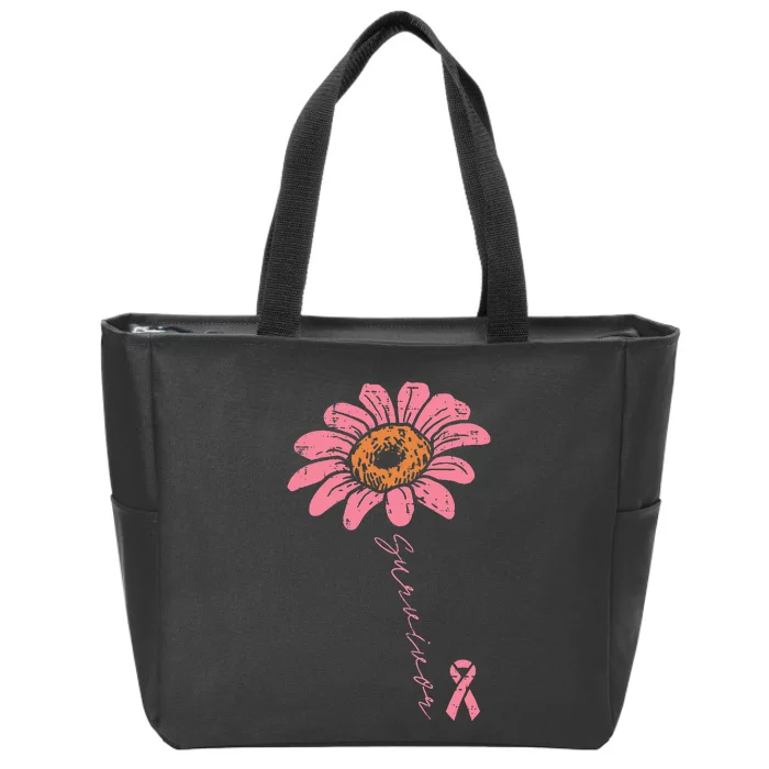 Sunflower Pink Ribbon Breast Cancer Survivor Awareness Zip Tote Bag