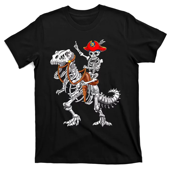 Skeleton Pirate Riding Skeleton Dinosaur Halloween Spooky T-Shirt