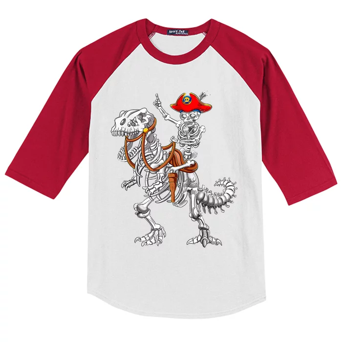 Skeleton Pirate Riding Skeleton Dinosaur Halloween Spooky Kids Colorblock Raglan Jersey