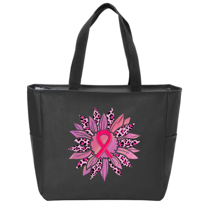 Sunflower Pink Ribbon Breast Cancer Awareness Warrior Zip Tote Bag