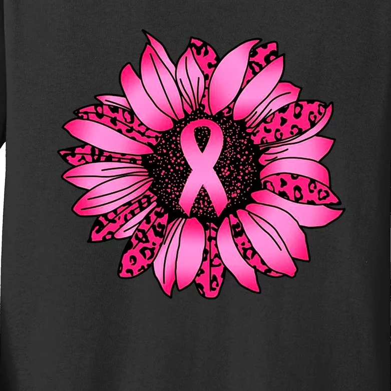 Sunflower Pink Ribbon Breast Cancer Awareness Kids Long Sleeve Shirt