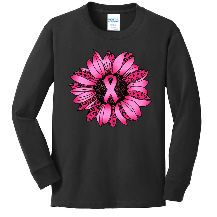 Sunflower Pink Ribbon Breast Cancer Awareness Kids Long Sleeve Shirt