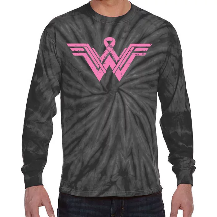 Superhero Pink Ribbon Breast Cancer Awareness Mom Wife Gift Tie-Dye Long Sleeve Shirt