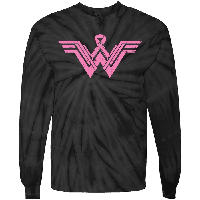 Superhero Pink Ribbon Breast Cancer Awareness Mom Wife Gift Tie-Dye Long Sleeve Shirt