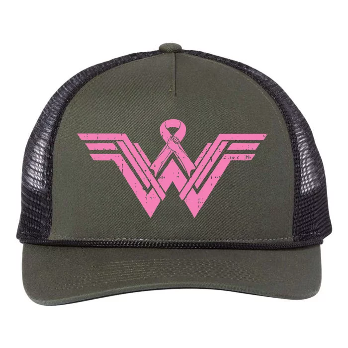 Superhero Pink Ribbon Breast Cancer Awareness Mom Wife Gift Retro Rope Trucker Hat Cap