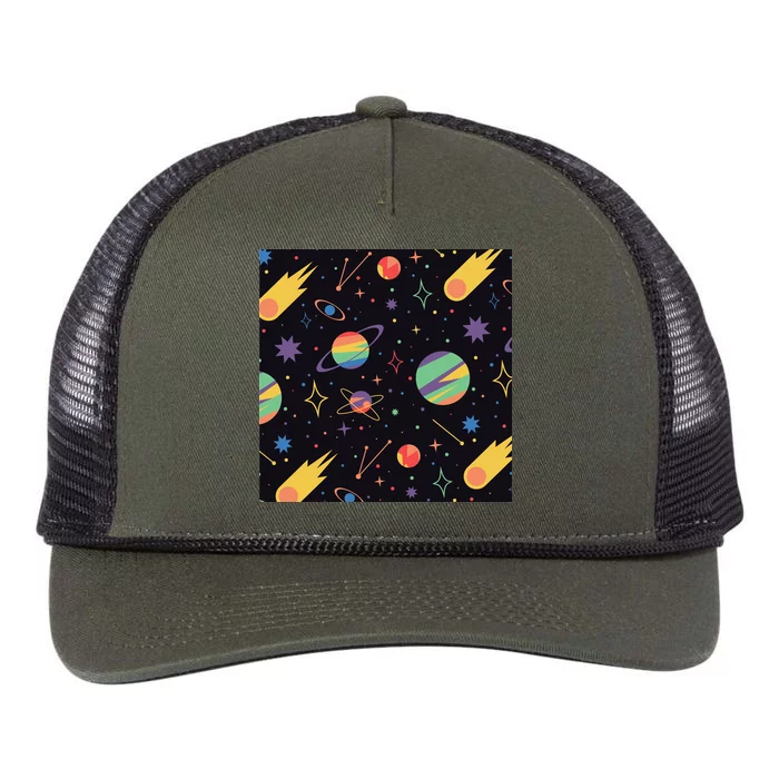 Space Planets Rainbow Galaxy Patterns Retro Rope Trucker Hat Cap