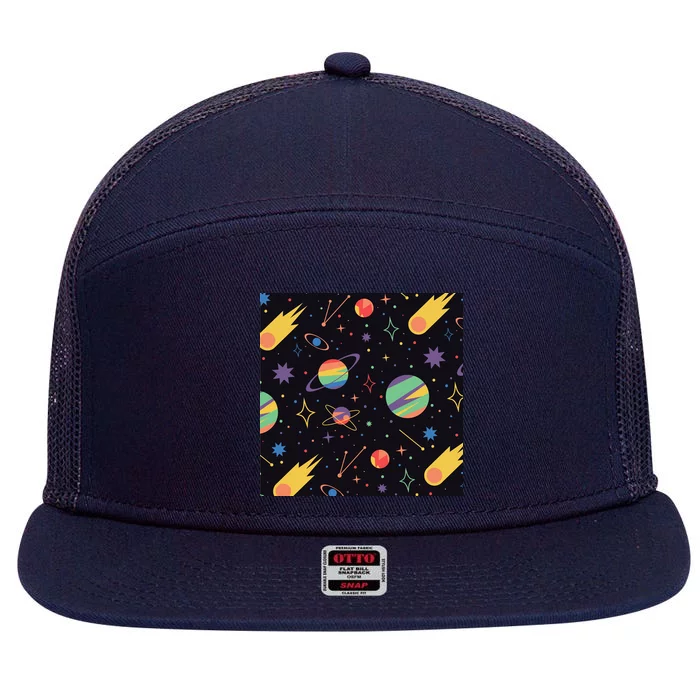 Space Planets Rainbow Galaxy Patterns 7 Panel Mesh Trucker Snapback Hat