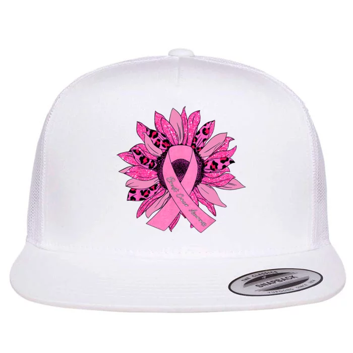 Sunflower Pink Ribbon Breast Cancer Awareness Cancer Warrior Flat Bill Trucker Hat