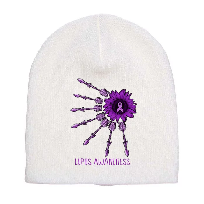 Sunflower Purple Ribbon Lupus Awareness Short Acrylic Beanie