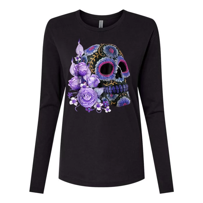 Sugar Purple Rose Skull Floral Womens Cotton Relaxed Long Sleeve T-Shirt