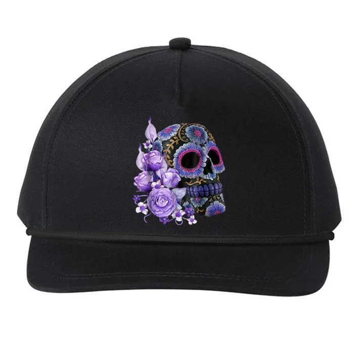 Sugar Purple Rose Skull Floral Snapback Five-Panel Rope Hat