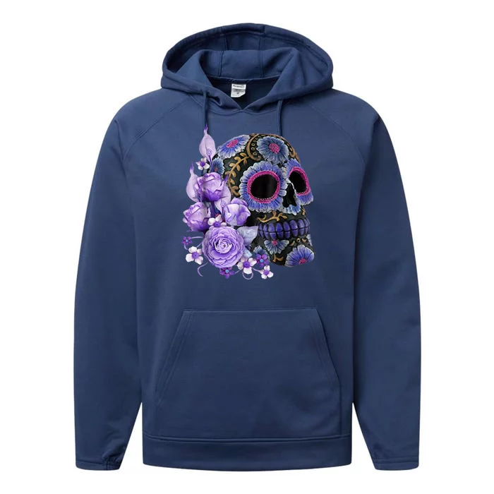 Sugar Purple Rose Skull Floral Performance Fleece Hoodie