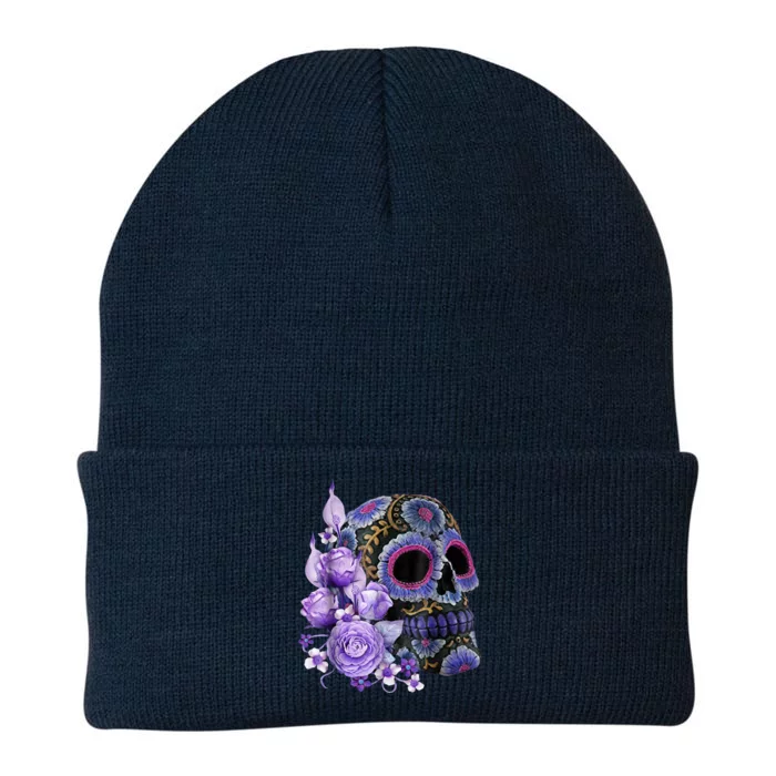 Sugar Purple Rose Skull Floral Knit Cap Winter Beanie