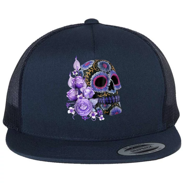 Sugar Purple Rose Skull Floral Flat Bill Trucker Hat