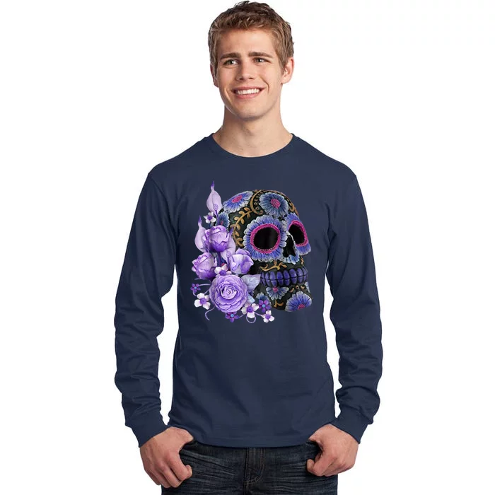 Sugar Purple Rose Skull Floral Tall Long Sleeve T-Shirt