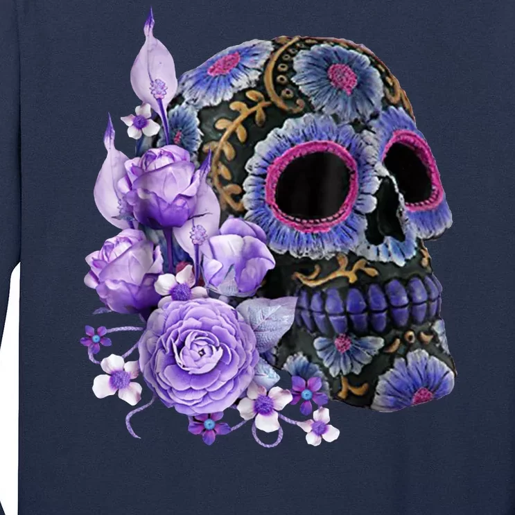 Sugar Purple Rose Skull Floral Tall Long Sleeve T-Shirt