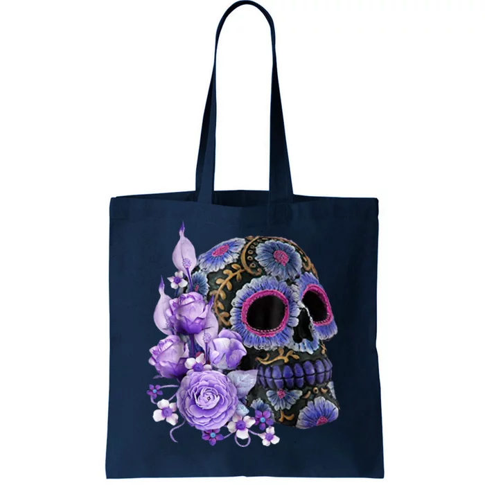 Sugar Purple Rose Skull Floral Tote Bag