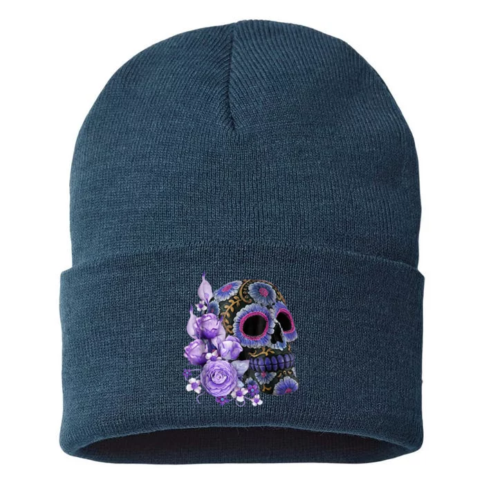 Sugar Purple Rose Skull Floral Sustainable Knit Beanie