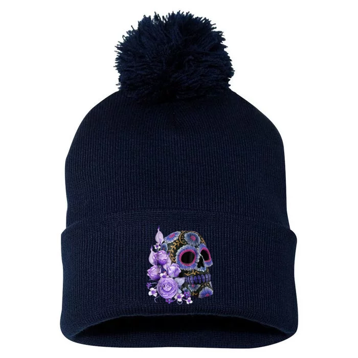 Sugar Purple Rose Skull Floral Pom Pom 12in Knit Beanie