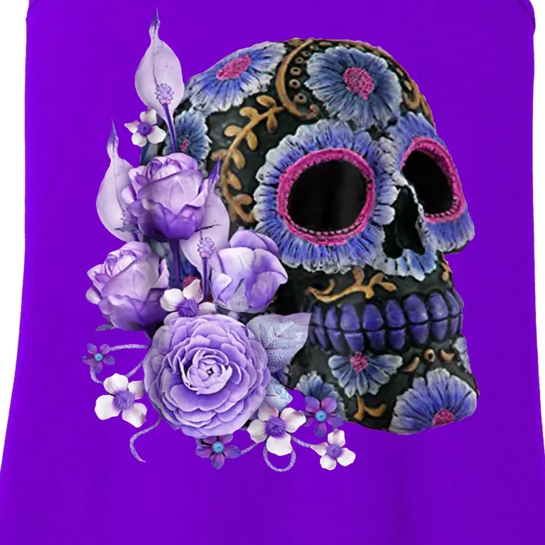 Sugar Purple Rose Skull Floral Ladies Essential Tank