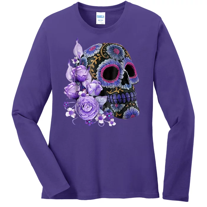 Sugar Purple Rose Skull Floral Ladies Long Sleeve Shirt