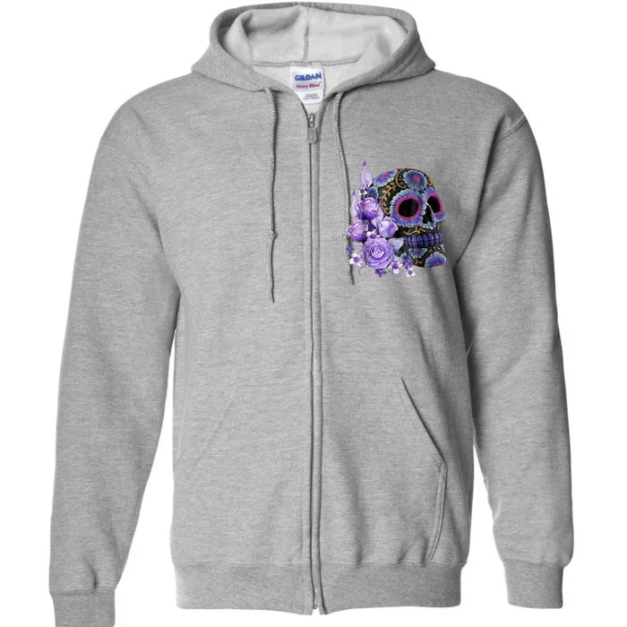 Sugar Purple Rose Skull Floral Full Zip Hoodie