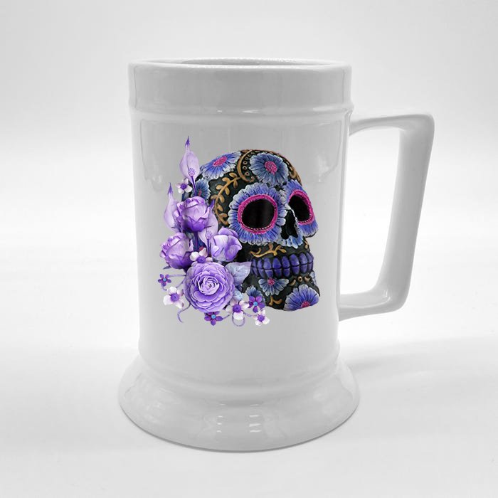 Sugar Purple Rose Skull Floral Front & Back Beer Stein