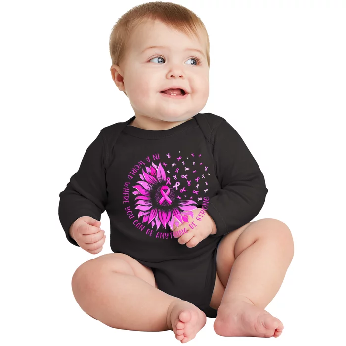 Sunflower Pink Ribbon Butterfly Breast Cancer Awareness Baby Long Sleeve Bodysuit