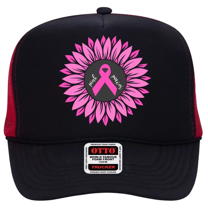 Sunflower Pink Ribbon Breast Cancer Awareness Support Squad Gift High Crown Mesh Trucker Hat