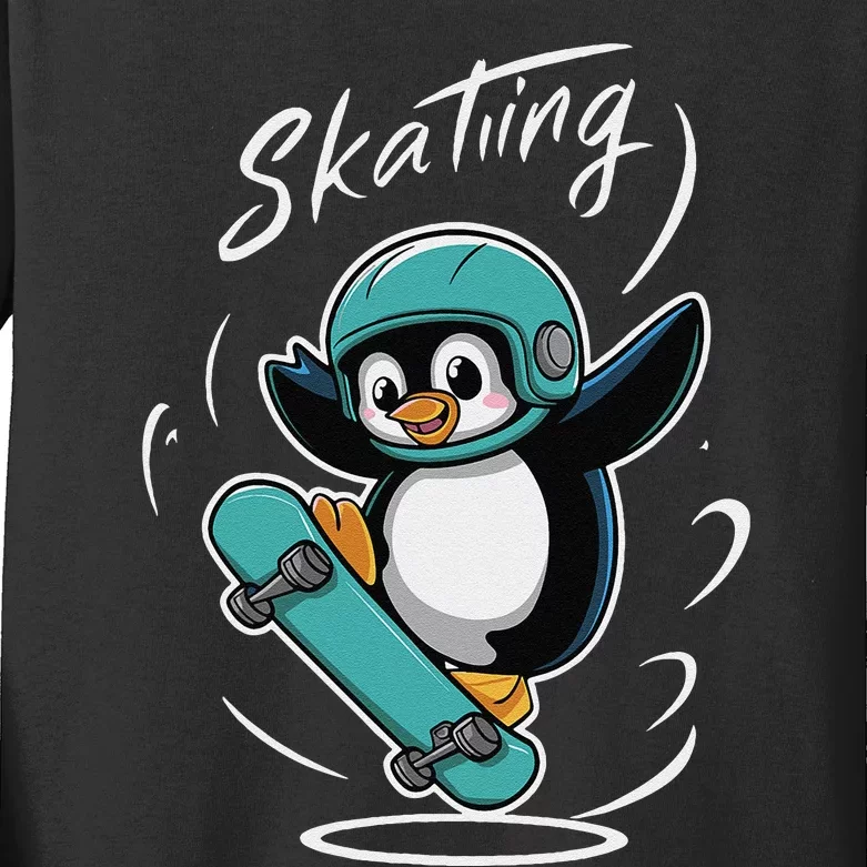 Skating Penguin Skateboard Funny Skater Penguin Kids Long Sleeve Shirt