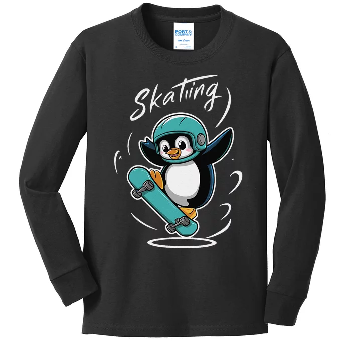 Skating Penguin Skateboard Funny Skater Penguin Kids Long Sleeve Shirt