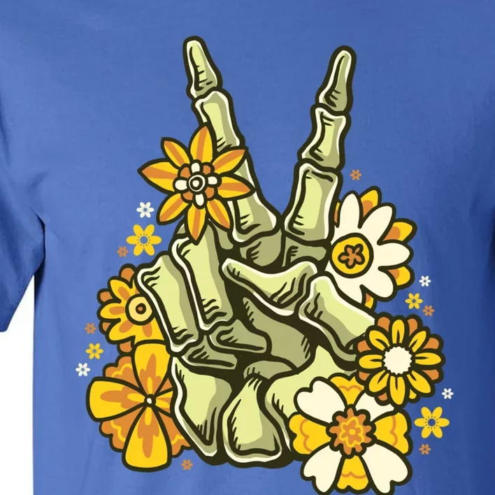 Skeleton Peace Sign With Flowers Retro Hippie V Hand Sign Funny Gift Tall T-Shirt