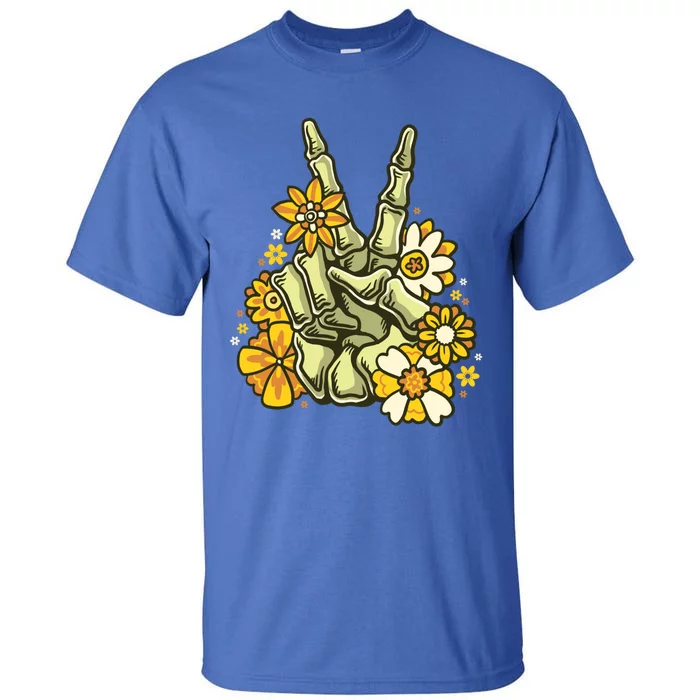 Skeleton Peace Sign With Flowers Retro Hippie V Hand Sign Funny Gift Tall T-Shirt