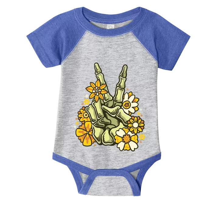 Skeleton Peace Sign With Flowers Retro Hippie V Hand Sign Funny Gift Infant Baby Jersey Bodysuit