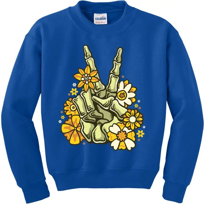 Skeleton Peace Sign With Flowers Retro Hippie V Hand Sign Funny Gift Kids Sweatshirt