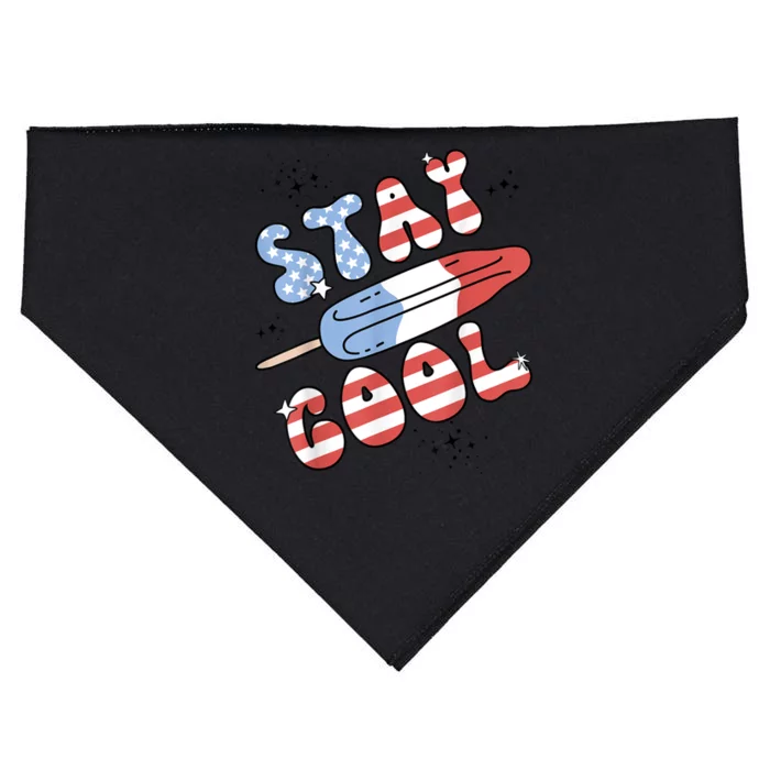 Summer Popsicle Stay Cool 4th Of July Retro Groovy US Flag USA-Made Doggie Bandana