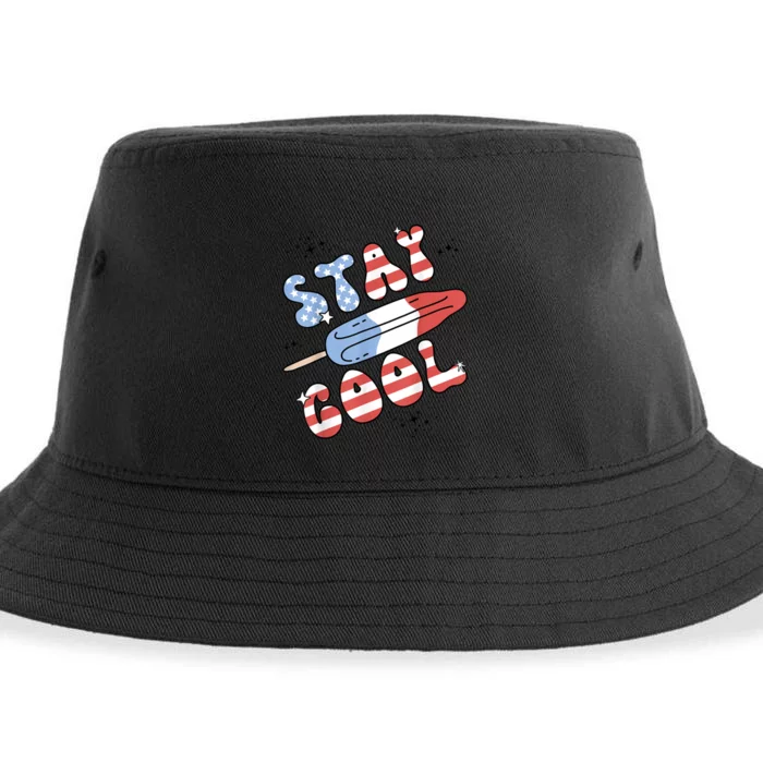 Summer Popsicle Stay Cool 4th Of July Retro Groovy US Flag Sustainable Bucket Hat