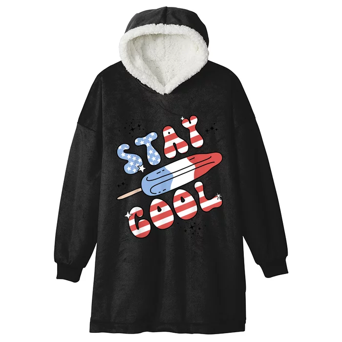 Summer Popsicle Stay Cool 4th Of July Retro Groovy US Flag Hooded Wearable Blanket