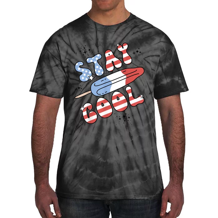 Summer Popsicle Stay Cool 4th Of July Retro Groovy US Flag Tie-Dye T-Shirt