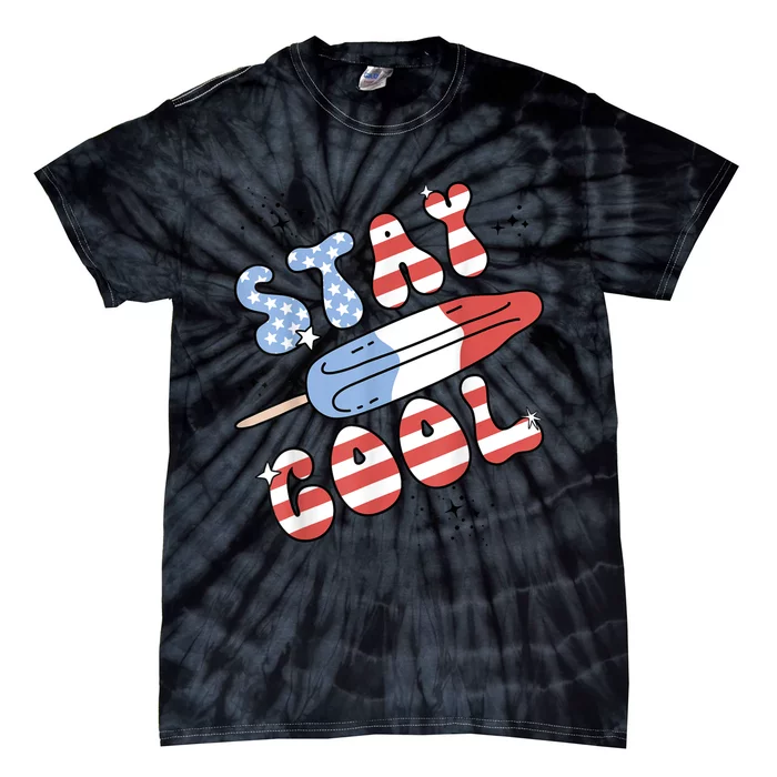 Summer Popsicle Stay Cool 4th Of July Retro Groovy US Flag Tie-Dye T-Shirt