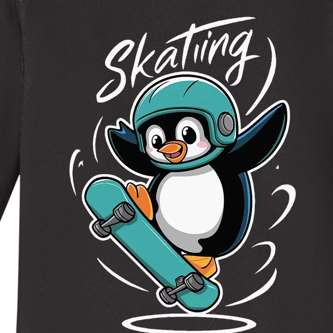 Skating Penguin Skateboard Funny Skater Penguin Baby Long Sleeve Bodysuit