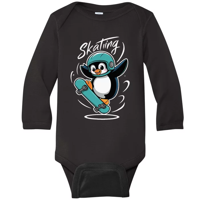 Skating Penguin Skateboard Funny Skater Penguin Baby Long Sleeve Bodysuit